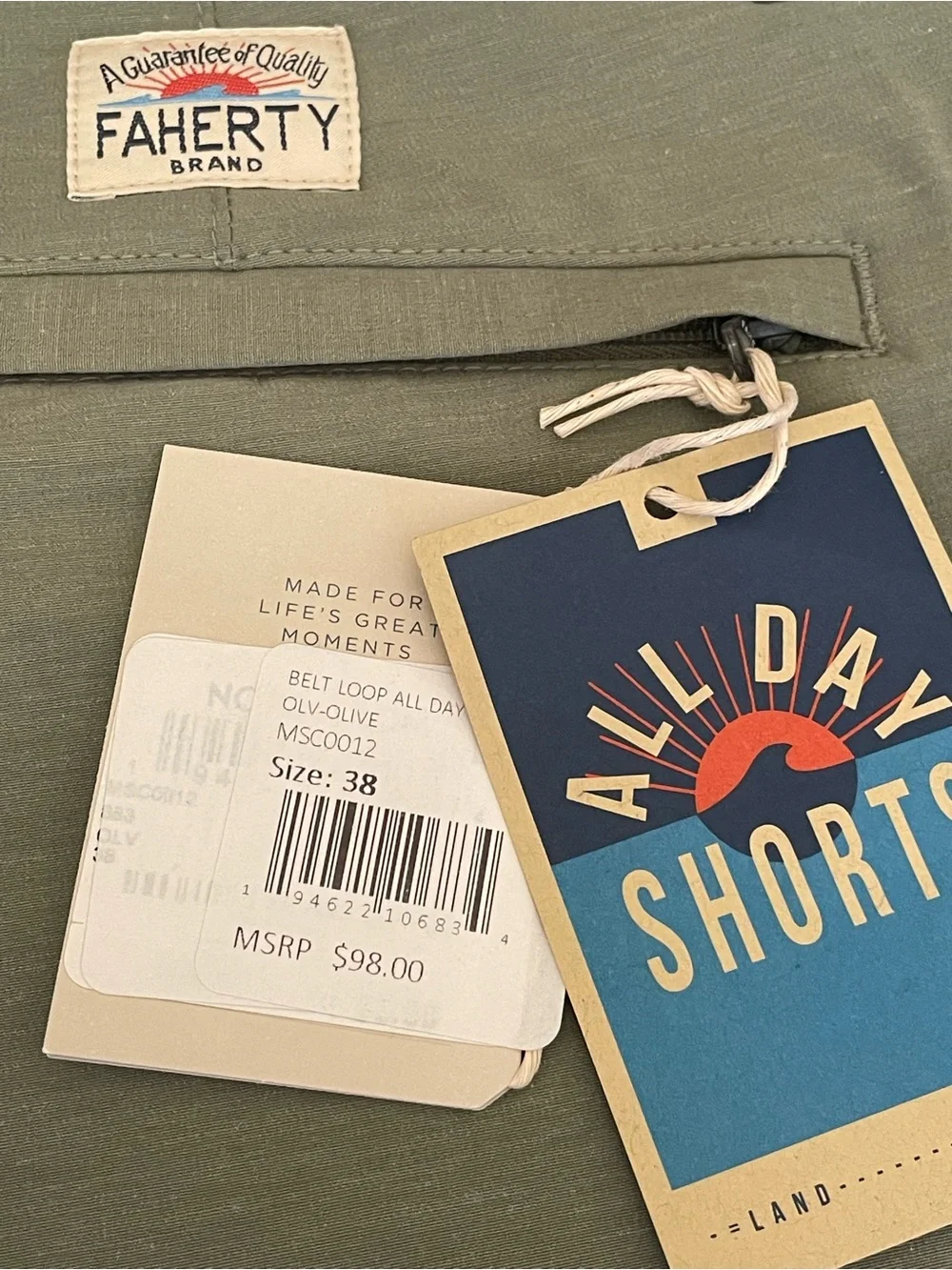 Faherty All Day Men's Olive Utility Flat-Front Shorts NWT
